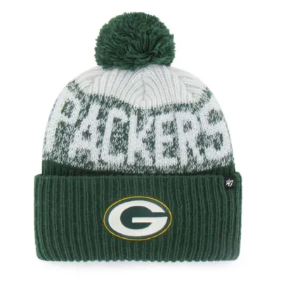Front view of '47 Brand Green Bay Packers Bone Chill cuff knit beanie in dark green with pom