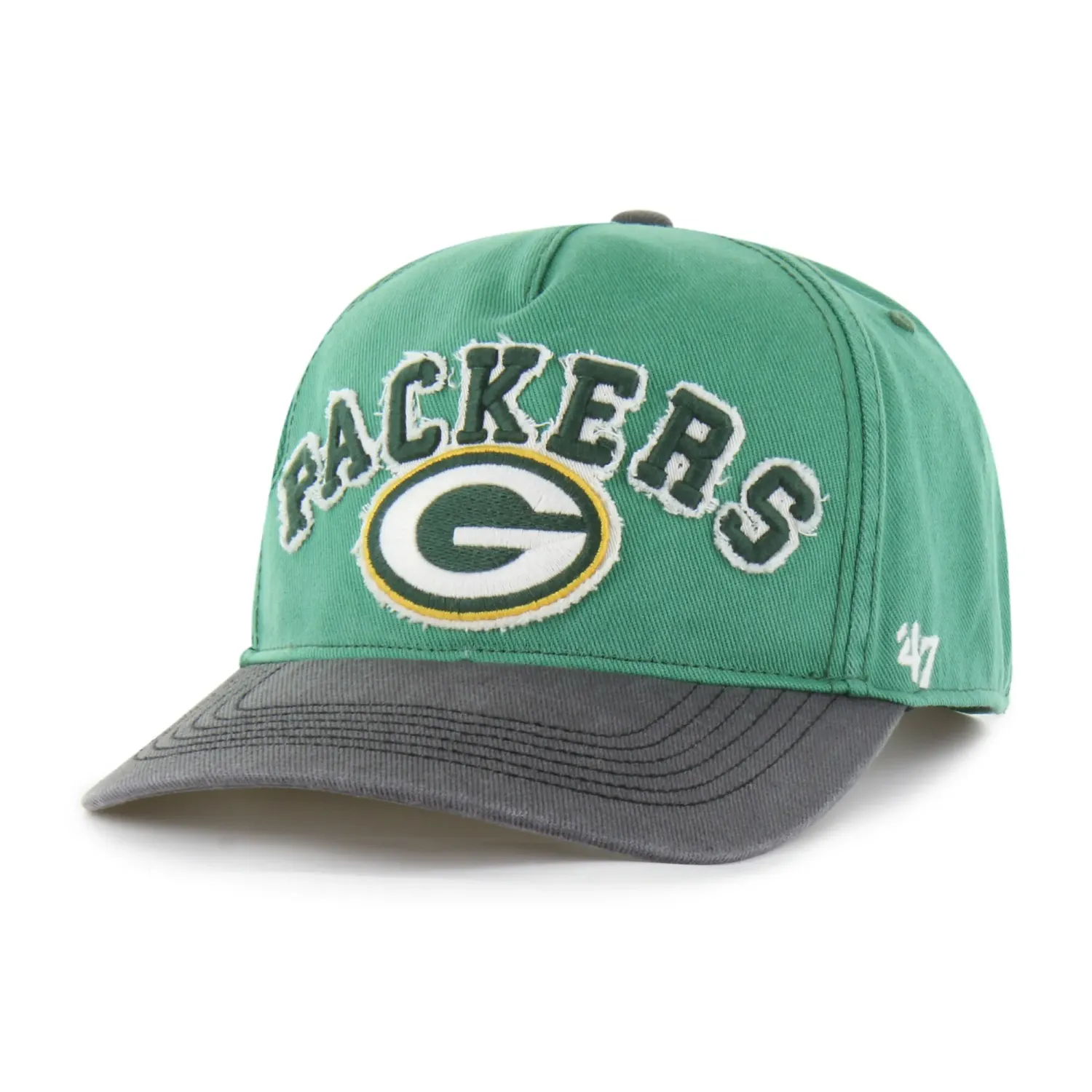 Front view of Green Bay Packers Calderwood Hitch snapback featuring frayed Packers applique and team logo