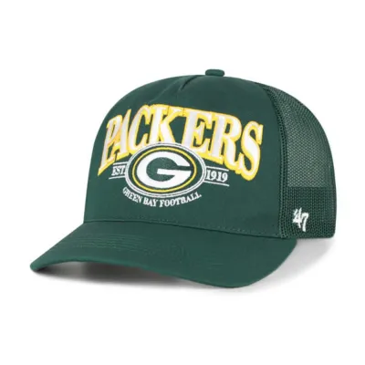 Front angled view of '47 Brand Green Bay Packers Deluxia Mesh Hitch snapback hat in green with mesh back