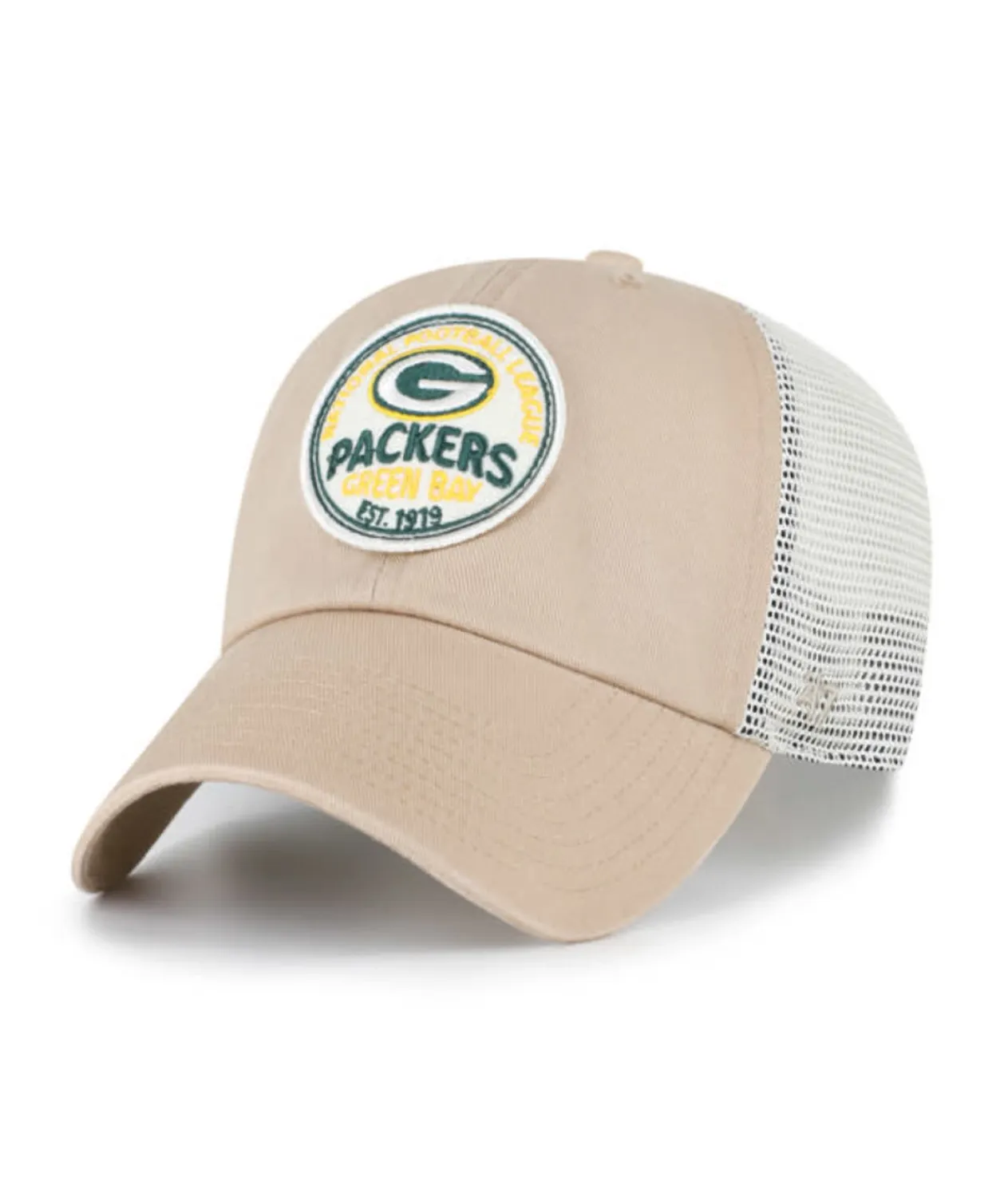 Front angled view of '47 Brand Green Bay Packers Felton Mesh Clean Up hat in khaki with team patch