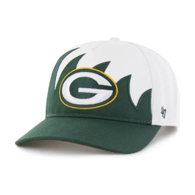 Front angle of '47 Brand Green Bay Packers Jagged Hitch snapback hat in white with oversized embroidered logo