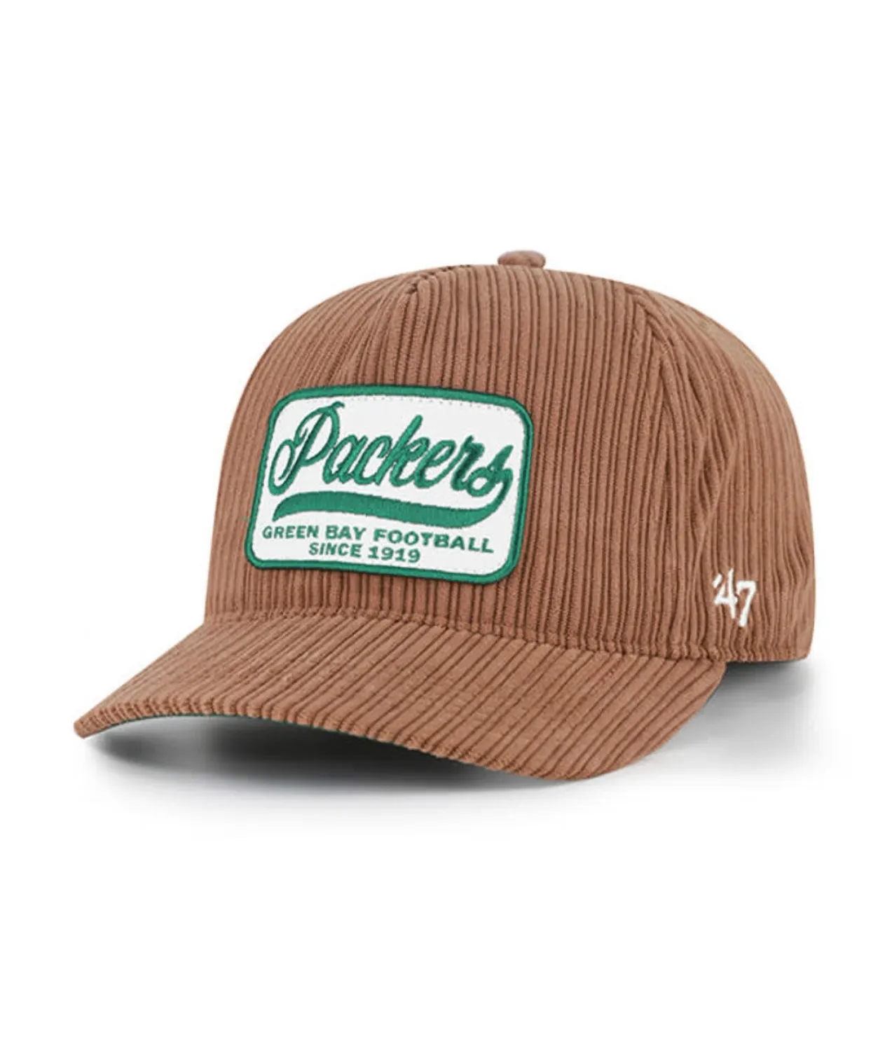 Front angle of '47 Brand Green Bay Packers Cord Patch Hitch snapback hat in pinecone brown corduroy