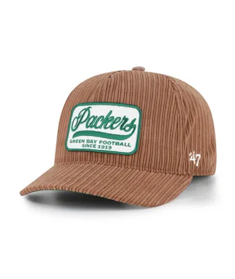 Front angle of '47 Brand Green Bay Packers Cord Patch Hitch snapback hat in pinecone brown corduroy