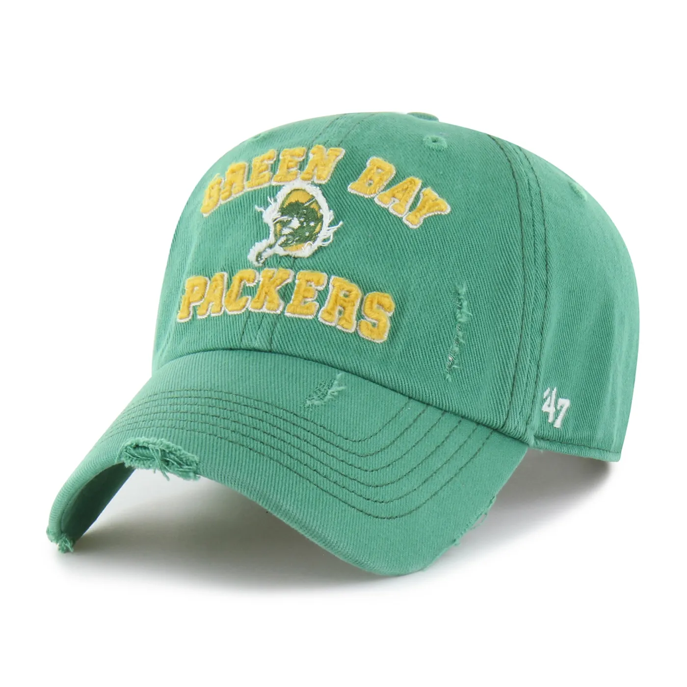Front angle of '47 Brand Green Bay Packers Seymoore Clean Up hat in green with distressed embroidered logo