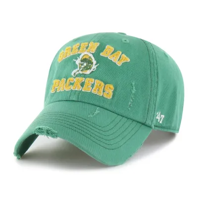 Front angle of '47 Brand Green Bay Packers Seymoore Clean Up hat in green with distressed embroidered logo