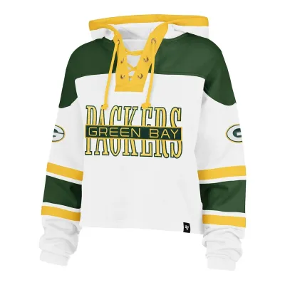 Front view of the '47 Brand Green Bay Packers Women's Cut Thru Cropped Lacer Hoodie in White with lace-up neckline.