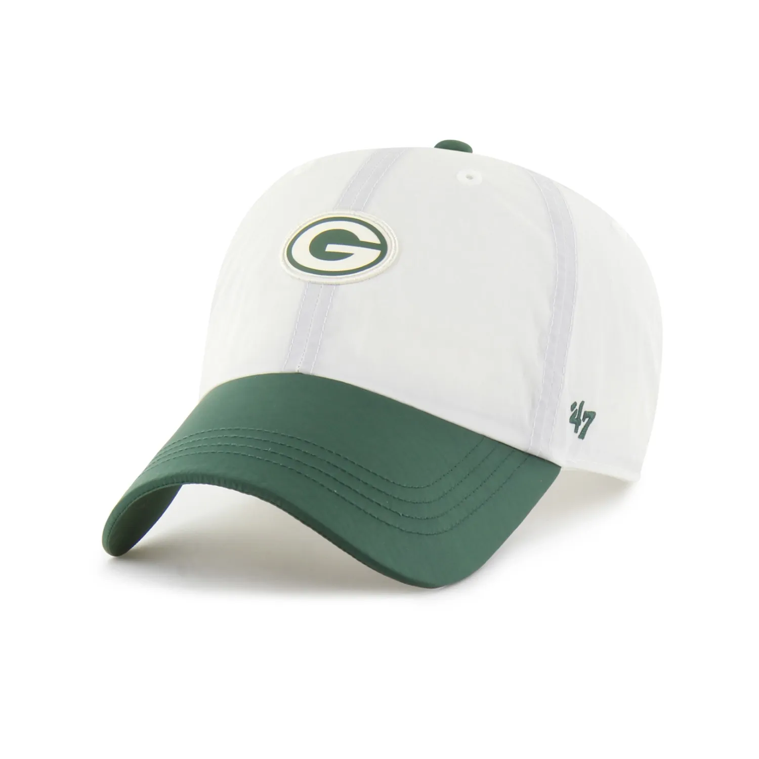 Front angle of '47 Brand Green Bay Packers Modernia Clean Up hat in sandstone with embroidered team logo