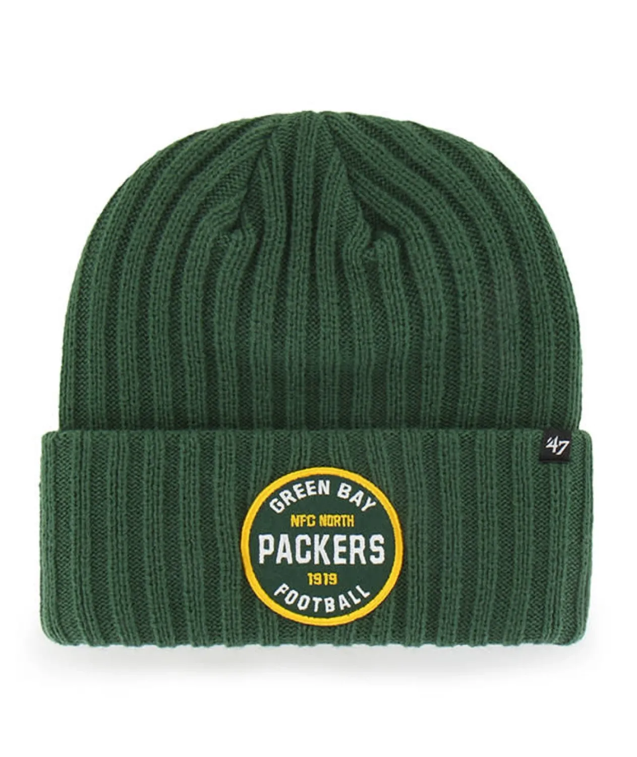 Front view of '47 Brand Green Bay Packers Snowdrift rib-knit cuff beanie in green with woven team patch