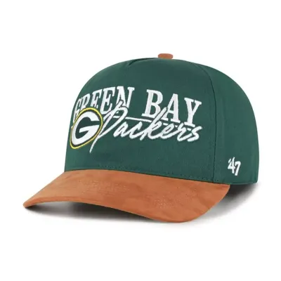 Front angle of '47 Brand Green Bay Packers Scribe Line Hitch snapback hat in green with tan suede visor