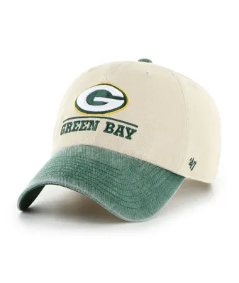Front angle of '47 Brand Green Bay Packers Logo Line Clean Up hat in Mojave with embroidered team logo and green visor