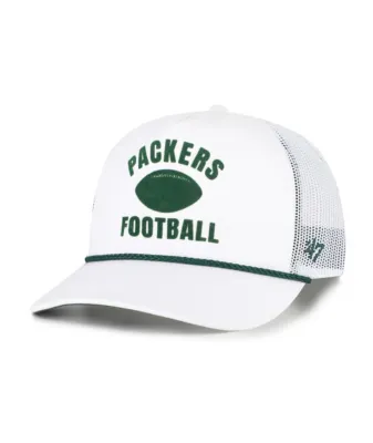 Front angle of '47 Brand Green Bay Packers Flock Ball Mesh Hitch snapback hat in white with mesh back