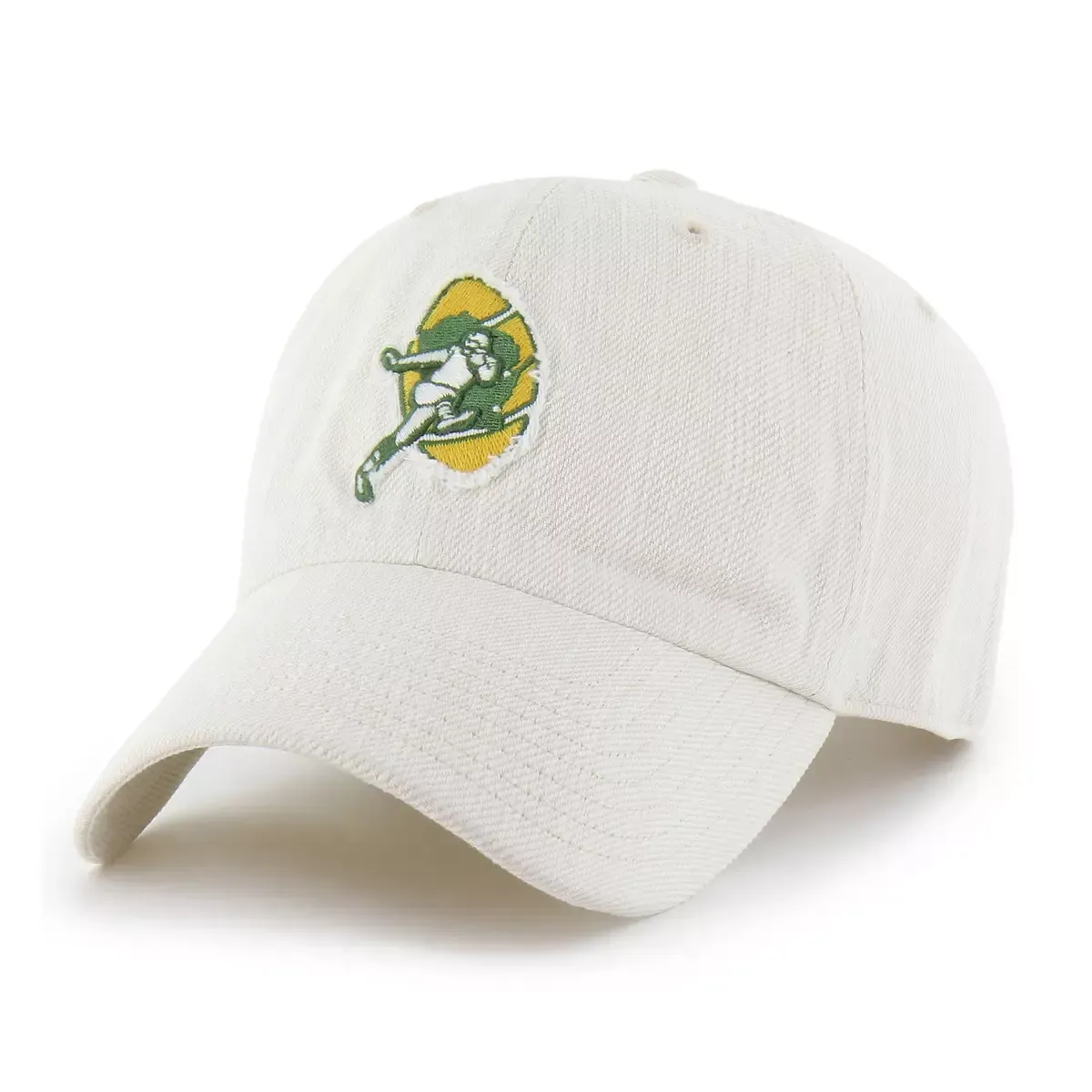 Front angled view of '47 Brand Green Bay Packers Slub Twill Clean Up hat in Mojave with throwback logo