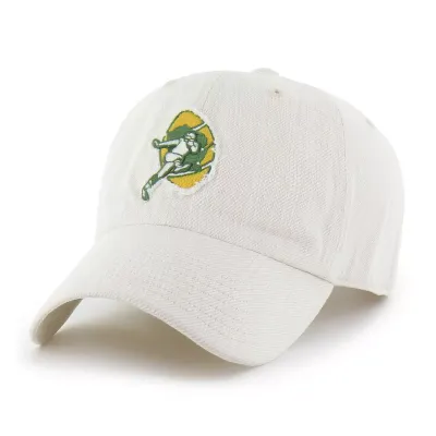 Front angled view of '47 Brand Green Bay Packers Slub Twill Clean Up hat in Mojave with throwback logo