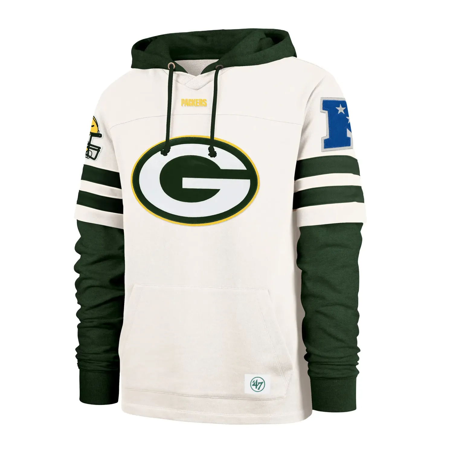 Front view of the '47 Brand Green Bay Packers Split Zone Cornerback Duo Lacer Hoodie in Cream with embroidered logo.