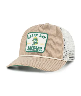 Front angle of '47 Brand Green Bay Packers Cordlandia Mesh Hitch snapback hat in khaki corduroy with mesh back