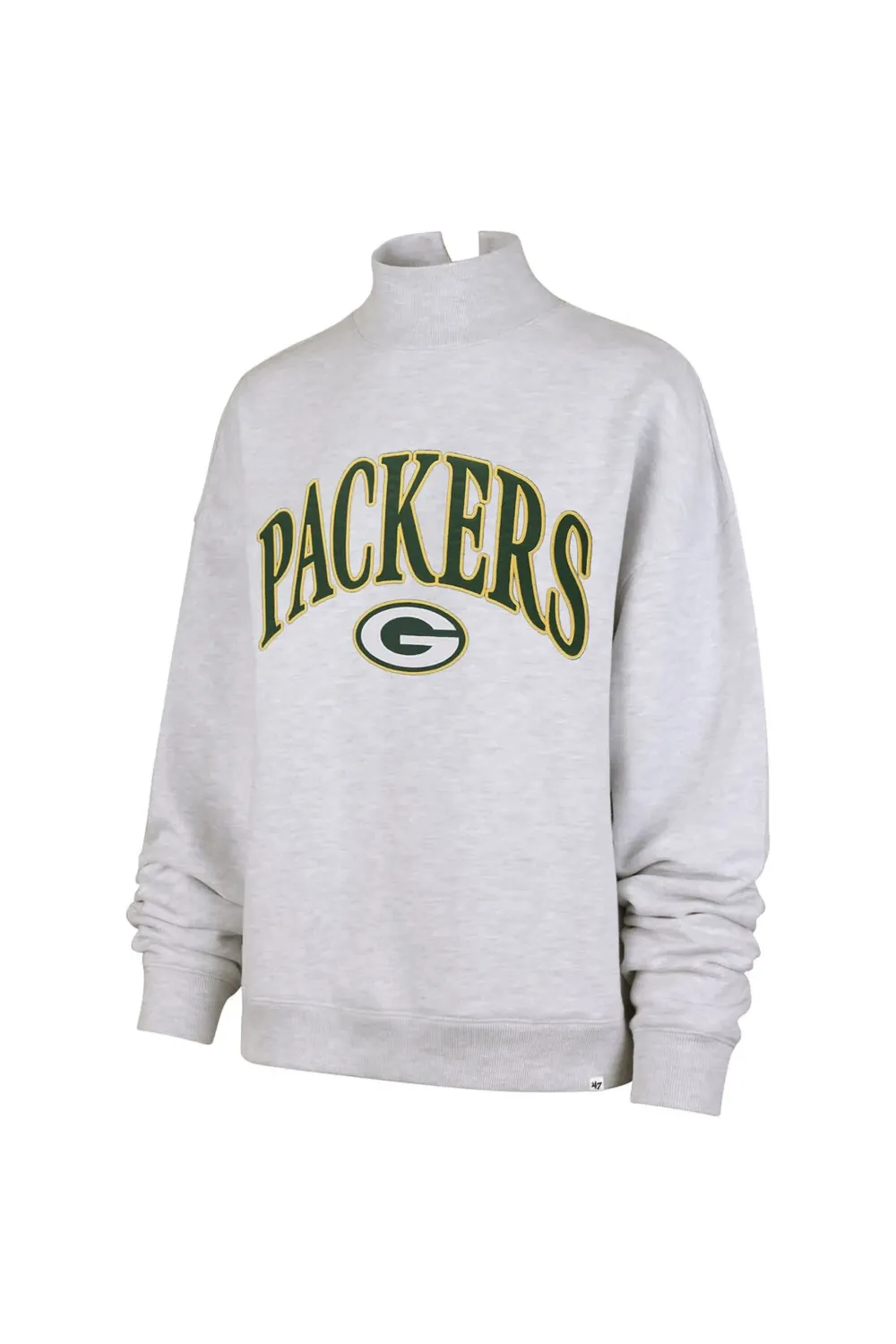 Front view of '47 Brand Green Bay Packers Women's Vantage Mock Neck sweatshirt in grey