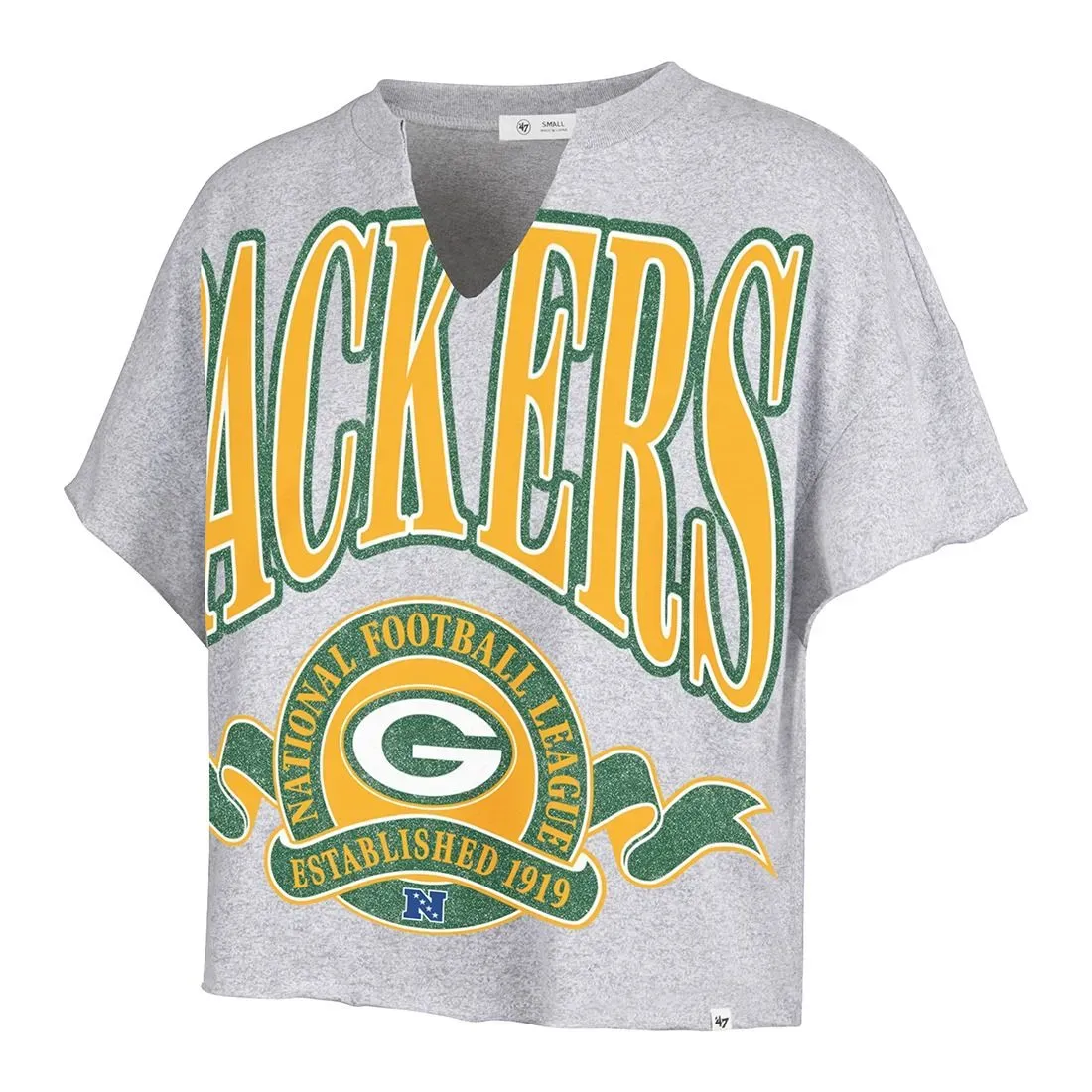 Front view of the '47 Brand Green Bay Packers Women's Banners Out Oversized Notch Tee in Heather Grey.