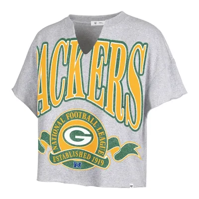 Front view of the '47 Brand Green Bay Packers Women's Banners Out Oversized Notch Tee in Heather Grey.