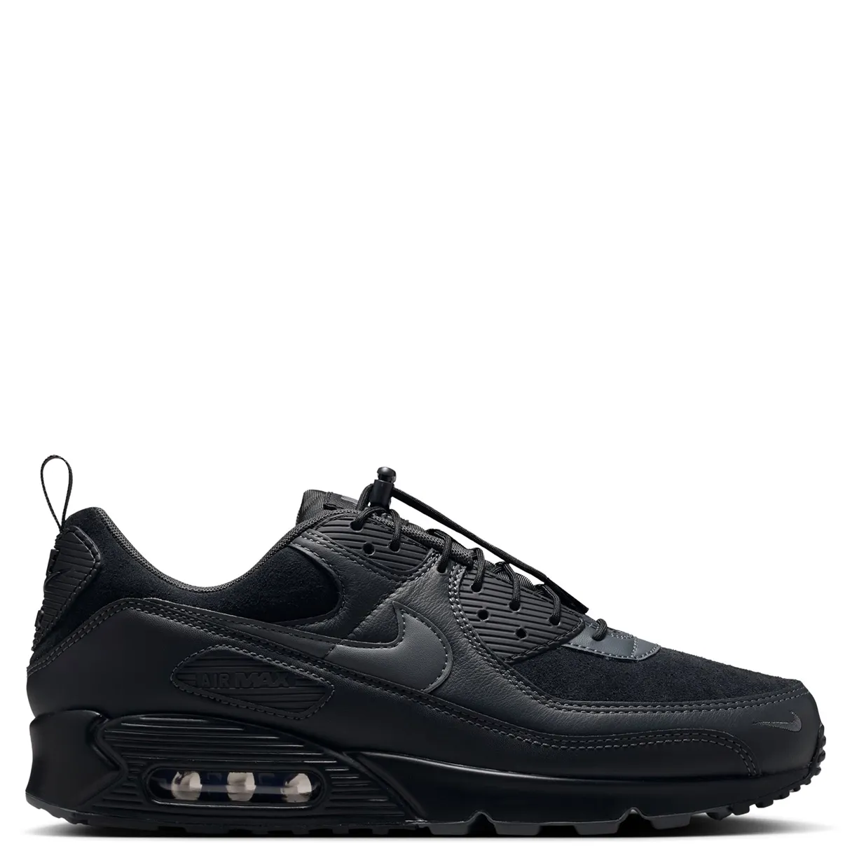 Lateral side profile of Nike Air Max 90 in Black/Iron Grey with visible Max Air cushioning