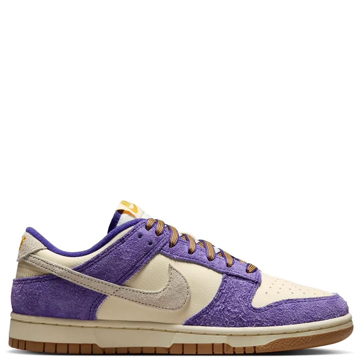 Lateral side profile of Nike Women's Dunk Low Game Day in Court Purple/Coconut Milk