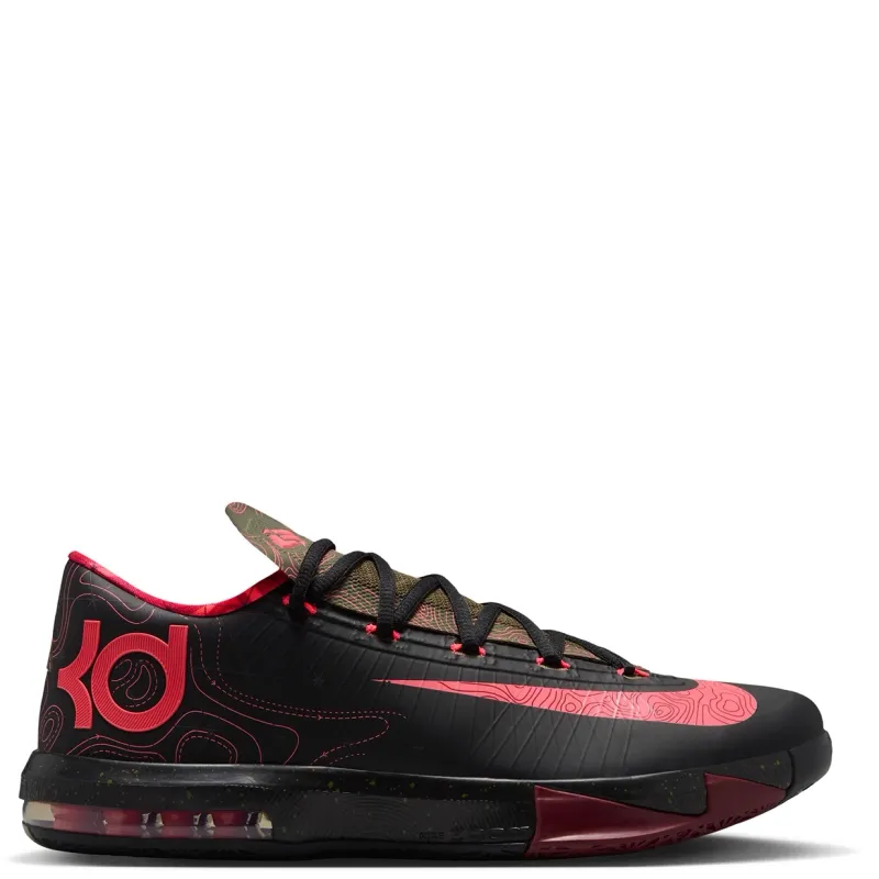 Medial view of Nike KD 6 Meteorology showing black upper, oversized Atomic Red Swoosh and KD heel branding.