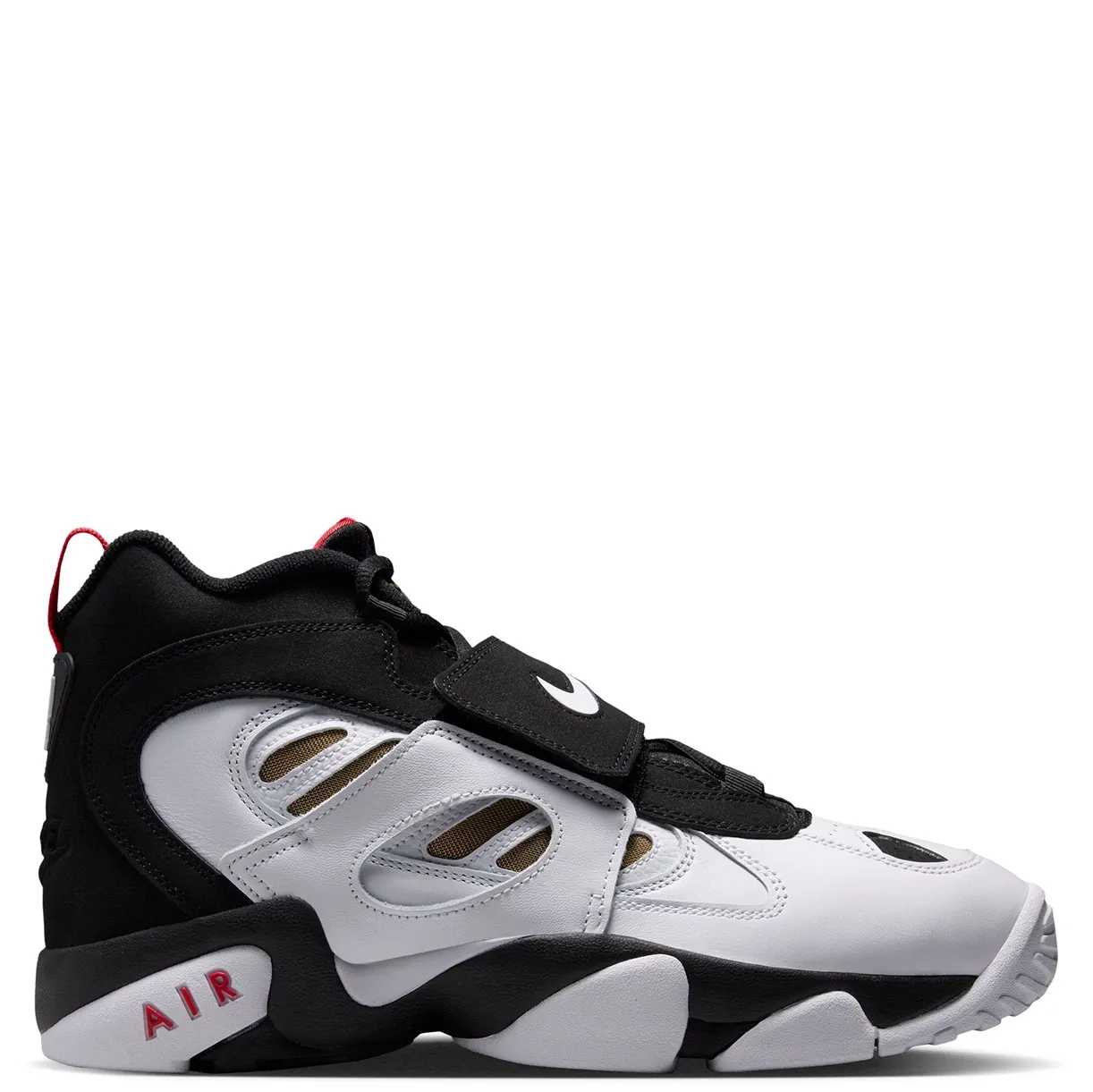 Opposite side view showing white leather panels, gold mesh inserts and red AIR heel branding.