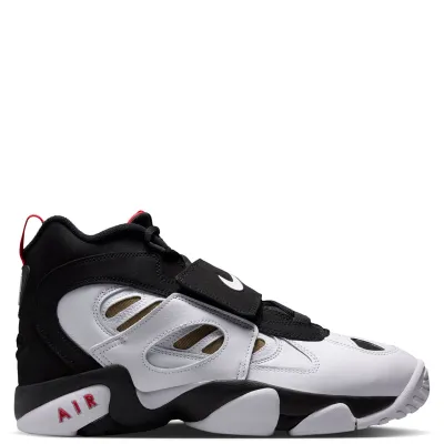 Opposite side view showing white leather panels, gold mesh inserts and red AIR heel branding.