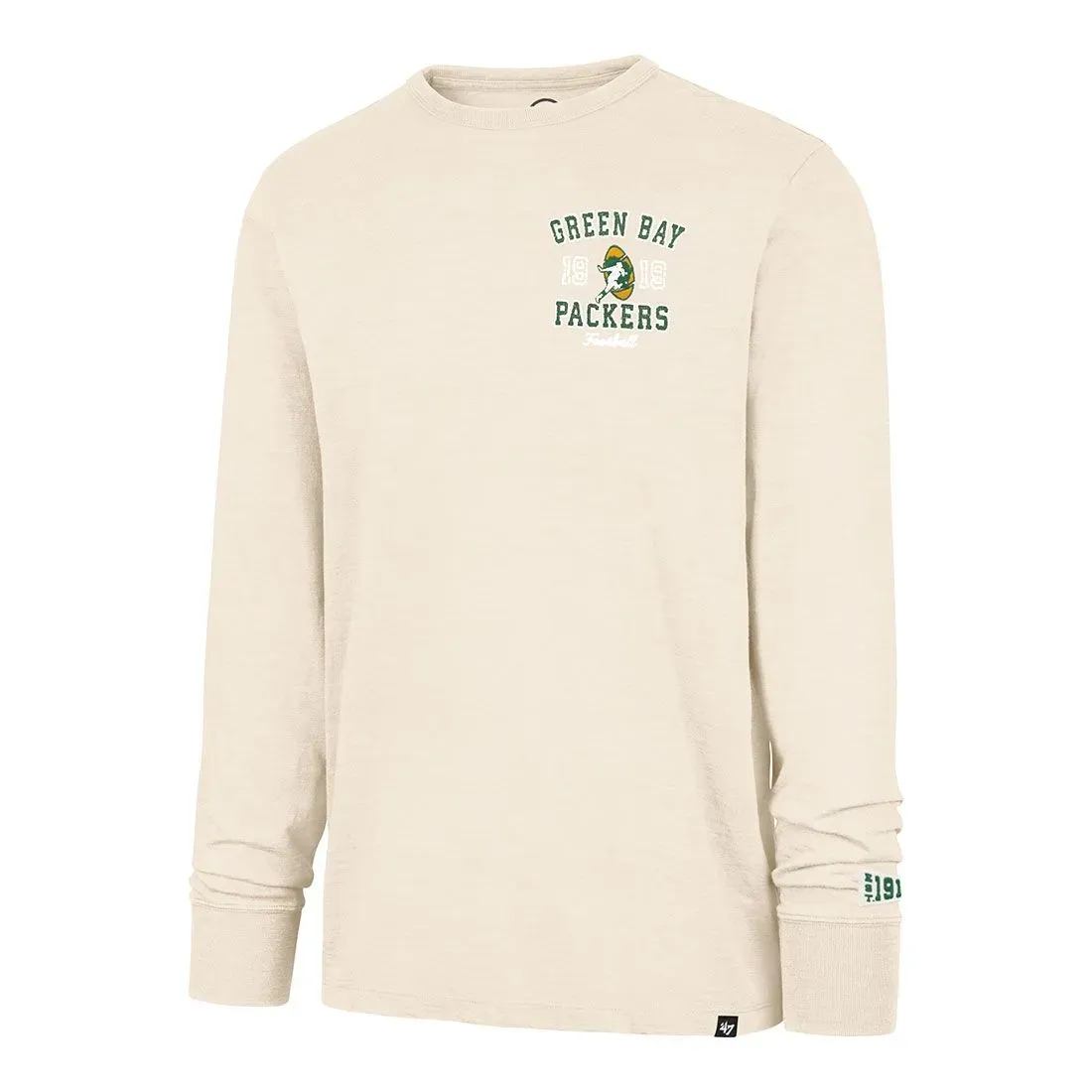 Angled front view of beige Packers long sleeve tee with vintage chest artwork and felt sleeve appliqué.