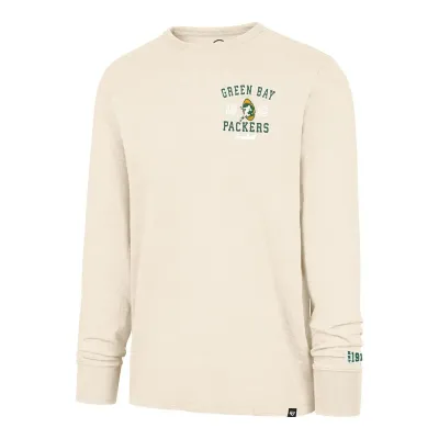 Angled front view of beige Packers long sleeve tee with vintage chest artwork and felt sleeve appliqué.