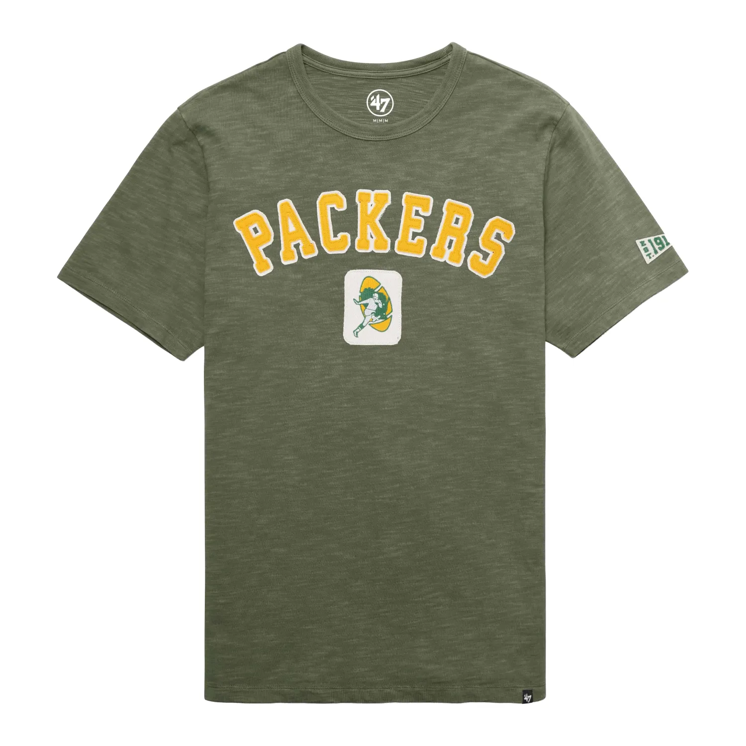 Front view of moss green ’47 Brand Packers Seymoore tee with twill lettering, historic graphic and sleeve patch.