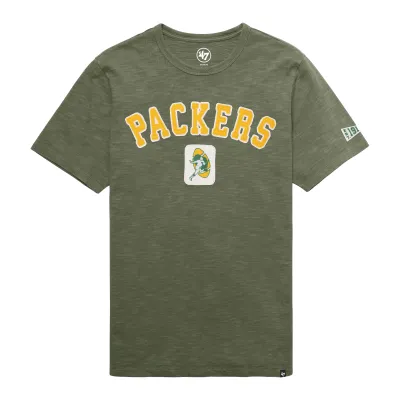 Front view of moss green ’47 Brand Packers Seymoore tee with twill lettering, historic graphic and sleeve patch.