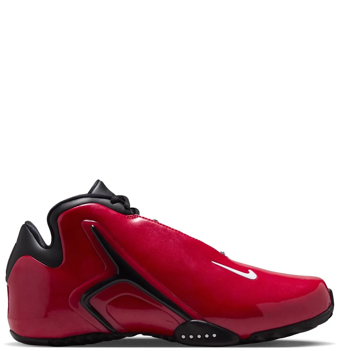 Medial side view of red Nike Zoom Hyperflight with white Swoosh, black support frame and rubber outsole.