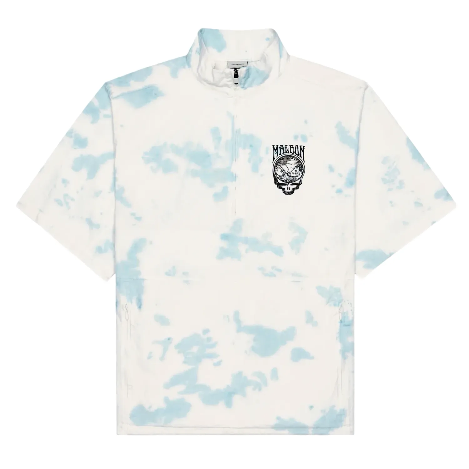 Front view of Malbon Golf Grateful Dead Pine Reflection Windshirt in Light Blue tie-dye