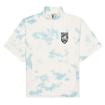 Front view of Malbon Golf Grateful Dead Pine Reflection Windshirt in Light Blue tie-dye