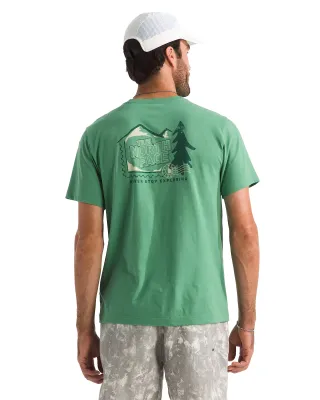 Back view of The North Face Mountain Stamps Tee in Dimmed Algae with large mountain and logo graphic.