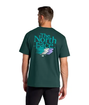 Back view of The North Face Retro Trail Tee in Pacific Teal with large multicolor Trail Running Club graphic.