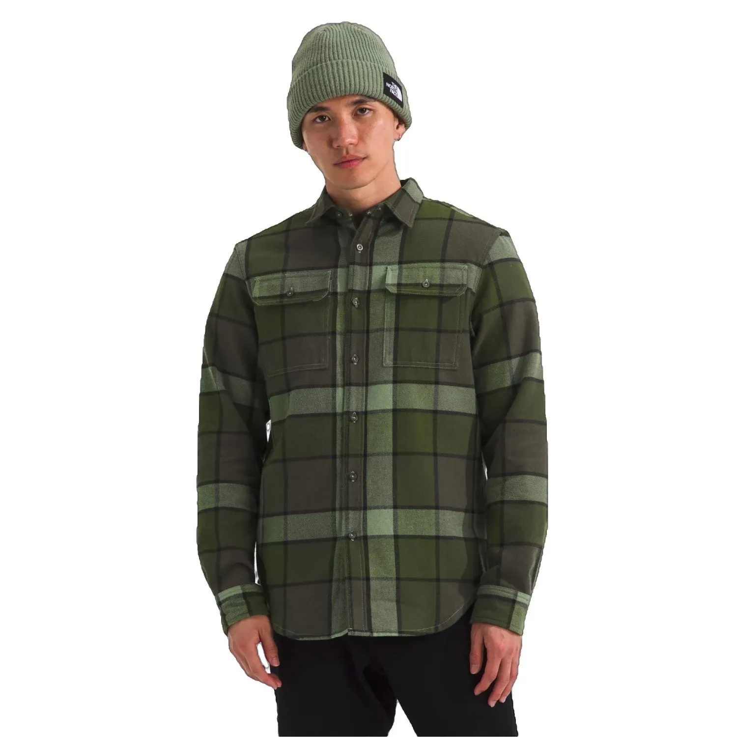 Front view of model wearing The North Face Arroyo Flannel Shirt in New Taupe Green Macro Small Plaid.