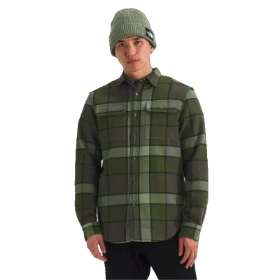 Front view of model wearing The North Face Arroyo Flannel Shirt in New Taupe Green Macro Small Plaid.