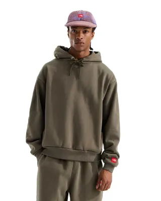 Front view of model wearing The North Face Red Box Hoodie in New Taupe Green with drawcord hood and ribbed trim.
