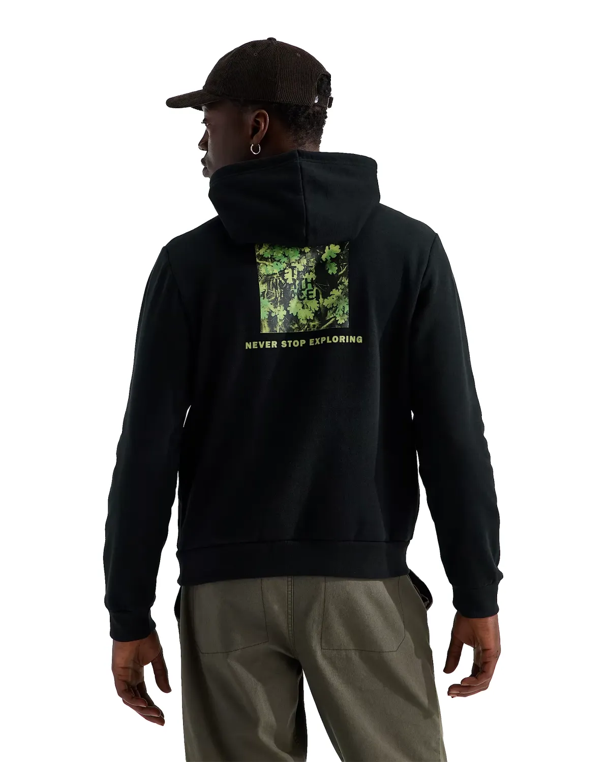 Back view of The North Face Yosemite Oak Print Hoodie in black with green leaf graphic and Never Stop Exploring text.