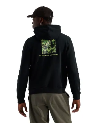 Back view of The North Face Yosemite Oak Print Hoodie in black with green leaf graphic and Never Stop Exploring text.