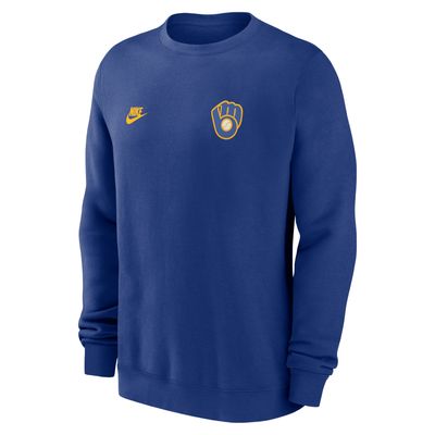 Front of Nike Milwaukee Brewers Cooperstown Heat Rush crewneck sweatshirt in blue with glove logo.