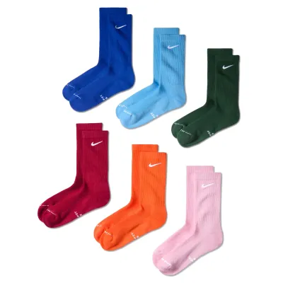 Nike Everyday Elevated 6-pack crew socks in royal blue, light blue, green, burgundy, orange, and pink.