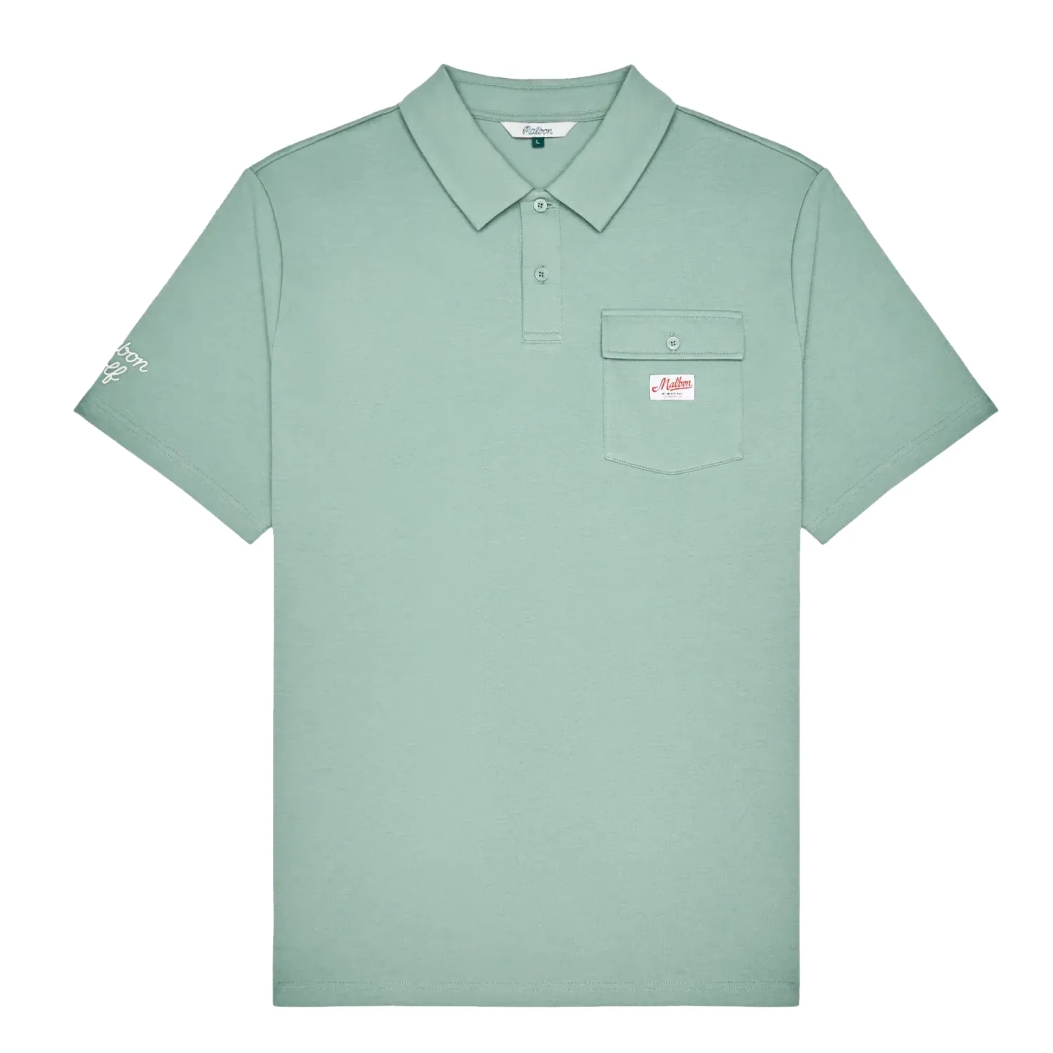 Front flat lay of the Malbon Golf Jovis Benchmark Polo in Lily Pad with flap chest pocket and sleeve logo.