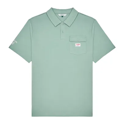 Front flat lay of the Malbon Golf Jovis Benchmark Polo in Lily Pad with flap chest pocket and sleeve logo.