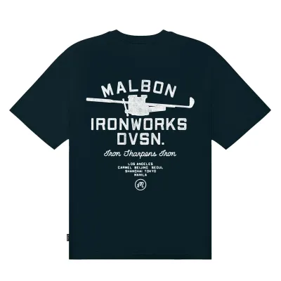 Back flat lay of the Blueberry Malbon Vista Ironworks Tee with large Ironworks Division graphic print.