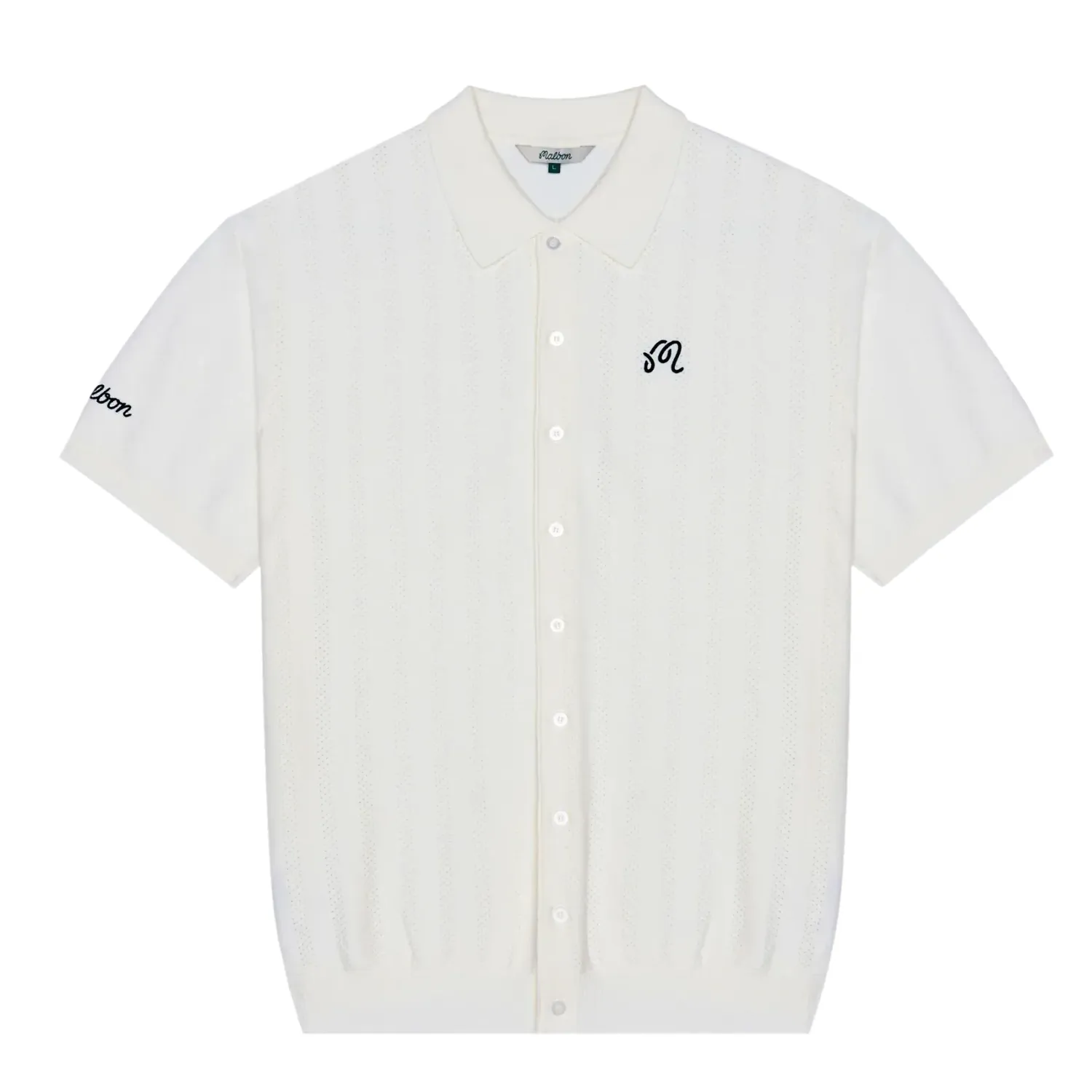 Front flat lay of the Malbon Golf Crosscut Polo in Ivory with full button front and embroidered chest logo.