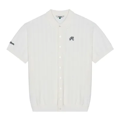 Front flat lay of the Malbon Golf Crosscut Polo in Ivory with full button front and embroidered chest logo.