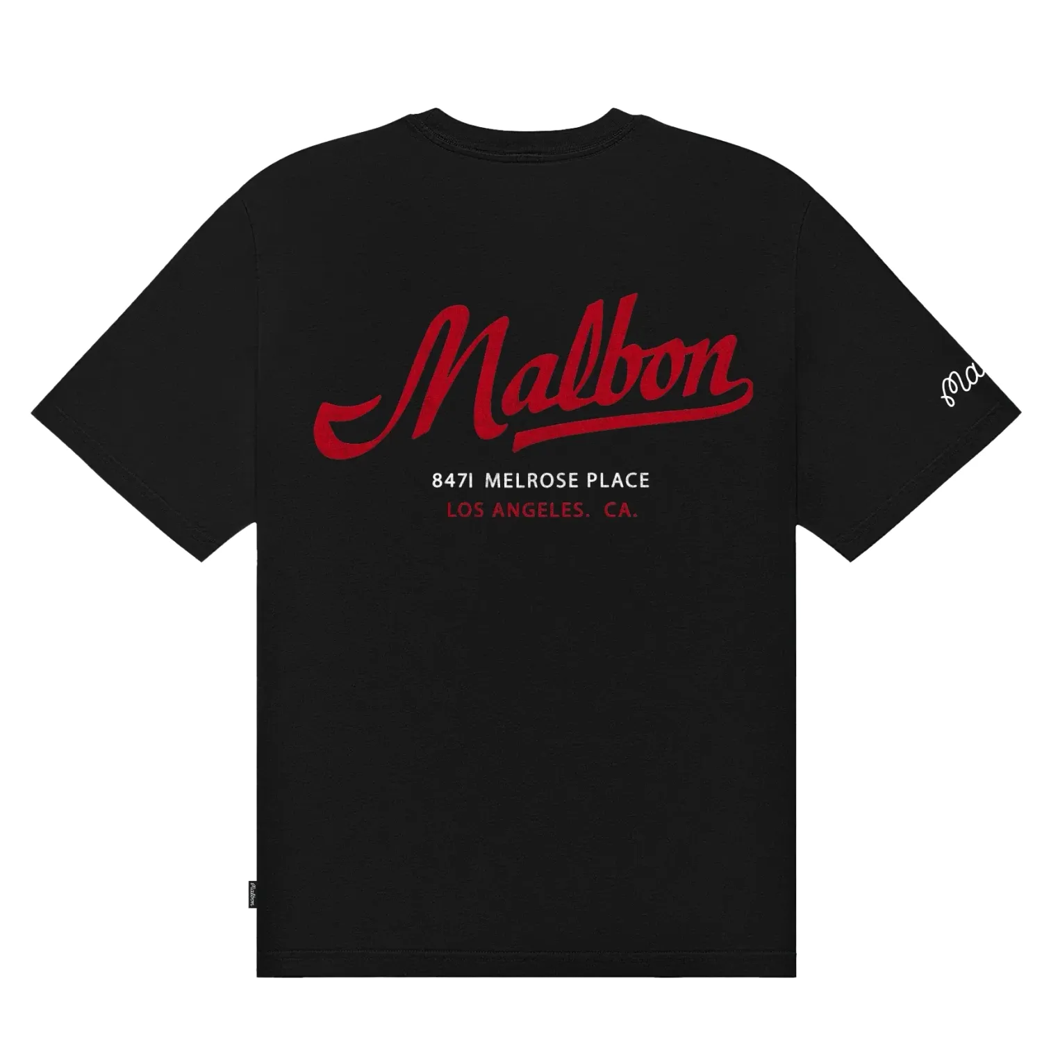 Back flat lay of the black Malbon Bermuda Benchmark Tee with large red Malbon graphic and sleeve logo.