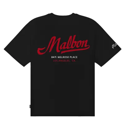 Back flat lay of the black Malbon Bermuda Benchmark Tee with large red Malbon graphic and sleeve logo.